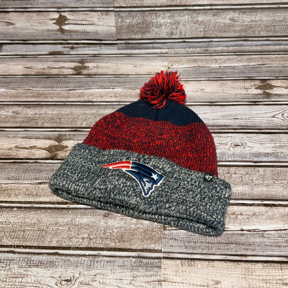 '47 Brand New England Patriots Beanie OSFA Navy Blue Red Grey Marl Pom Pom Hat